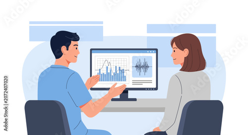 Teamwork analyzing business data on computer screen, digital graphs & charts, office meeting