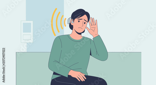 Person with Hearing Aid, Audio Waves Symbol, Hearing Loss Concept
