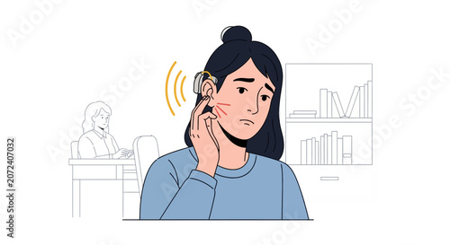 Young woman experiencing hearing loss, wearing hearing aid, feeling distressed