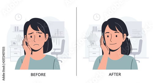 Woman's ear pain relief before and after treatment illustration