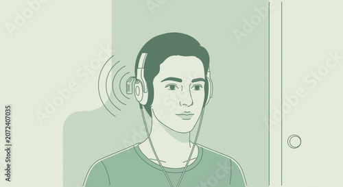 Young man wearing headphones, listening to music, abstract sound waves