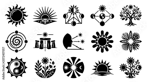 Black  White Solar and Celestial Icons Set - Sun, Moon, Cosmic Symbols Glyph