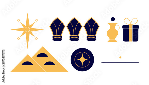Obraz na plátně Minimalist flat vector icons set for Epiphany Three Kings Day and Nativity celeb
