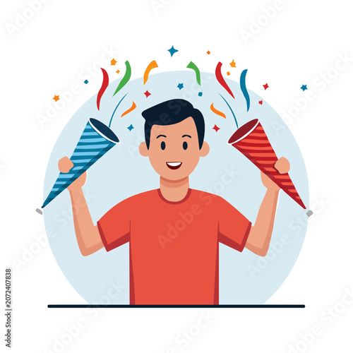 Man with party horns celebrating with confetti