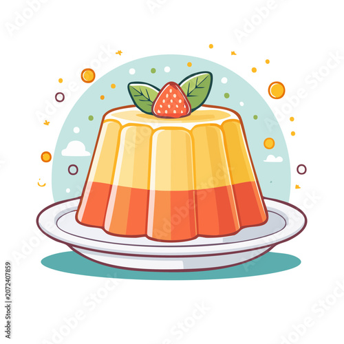 Panna Cotta with Strawberry and Mint Leaf Illustration