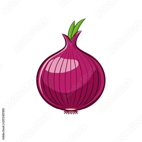 Red Onion Vector Illustration with Green Leaves