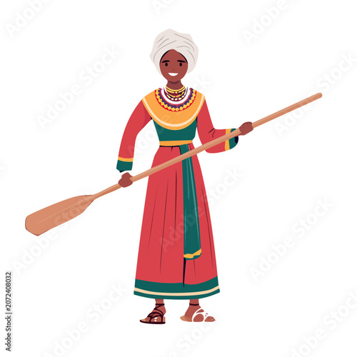 Woman in traditional clothing holding an oar, vector illustration