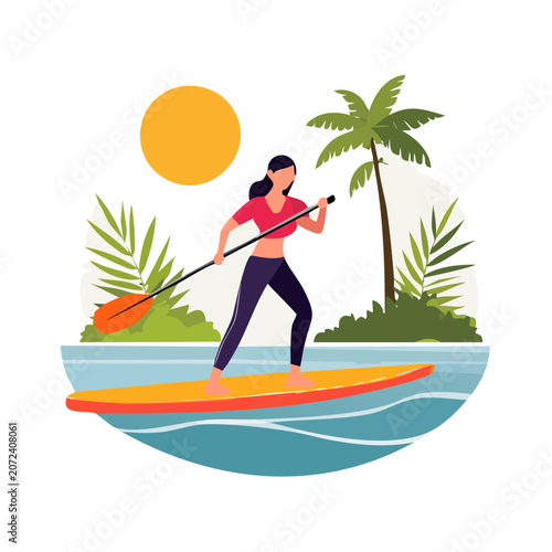 Woman paddleboarding in tropical setting flat vector illustration