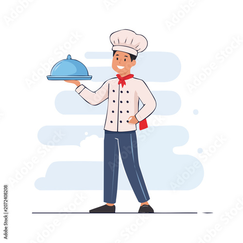 Chef holding cloche in flat illustration style