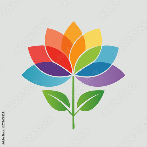 Colorful abstract flower with rainbow petals and green leaves