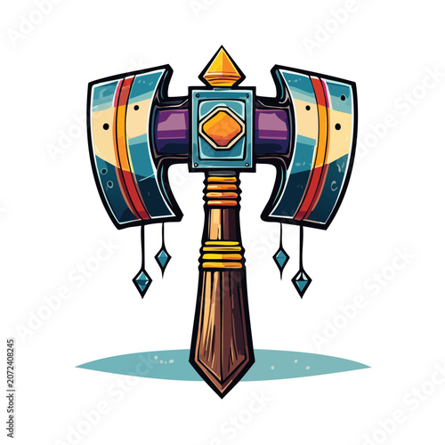 Colorful fantasy battle axe with gemstones