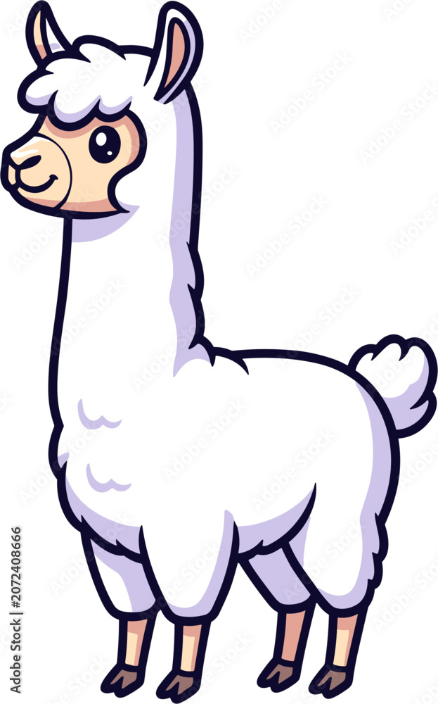Fototapeta premium Cute cartoon white llama, vector illustration, isolated on white background
