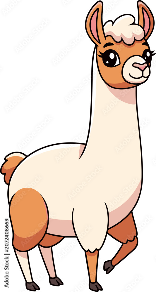 Obraz premium Cute cartoon llama standing, white background, illustration