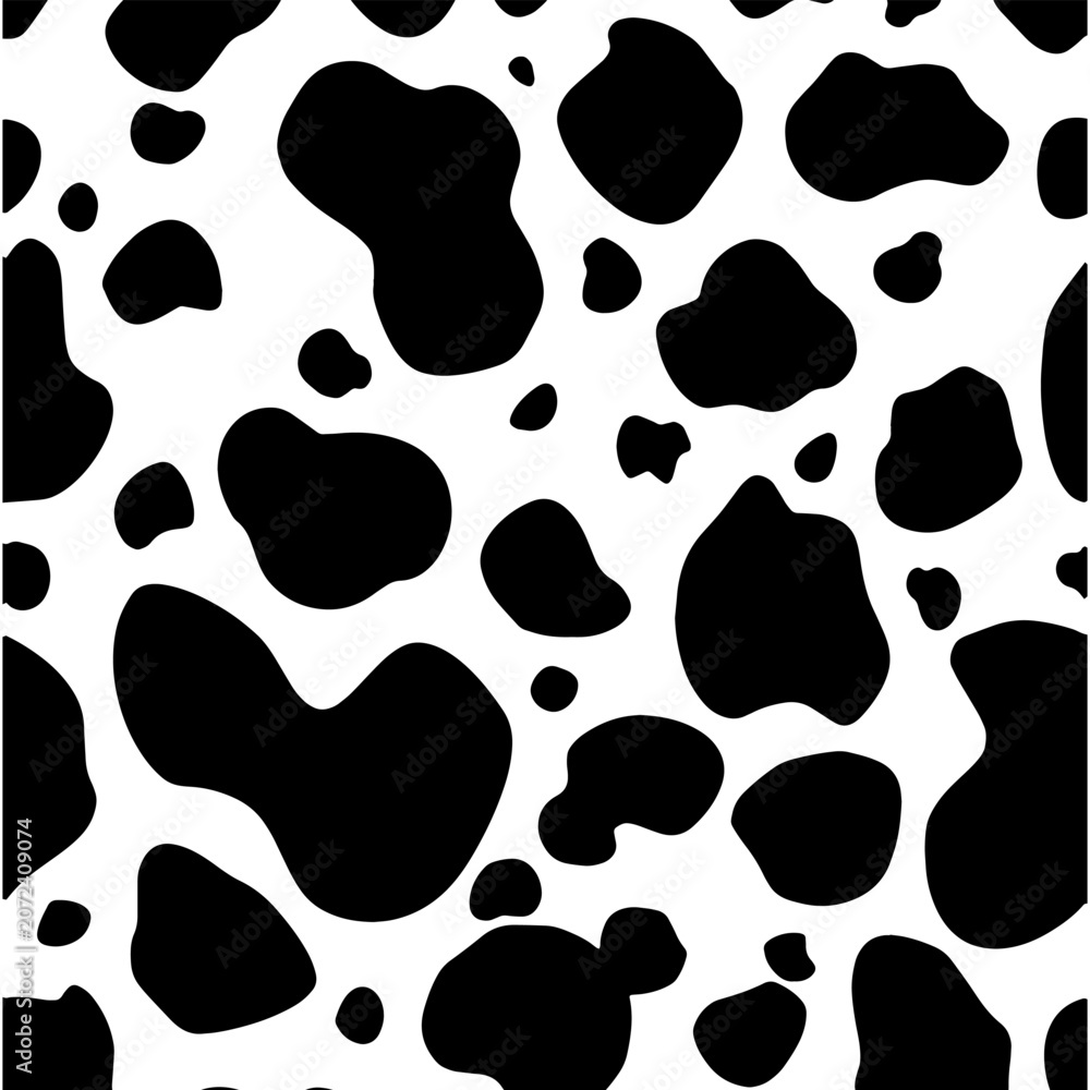 Fototapeta premium Monochrome spotted seamless pattern illustration, featuring irregular black shapes on a white background, reminiscent of classic animal print for diverse design projects