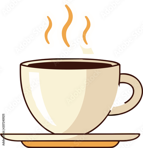 Hot steaming coffee cup on saucer, beverage, morning drink, isolated on white background