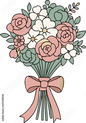 Pastel Flower Bouquet with Ribbon Bow - Romantic Floral Arrangement Illustration