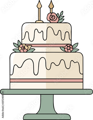 Two Tiered Celebration Cake with Flowers and Candles