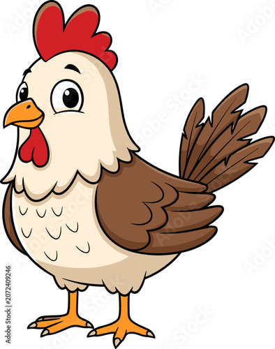 Cute cartoon chicken standing isolated on white background, farm animal illustration