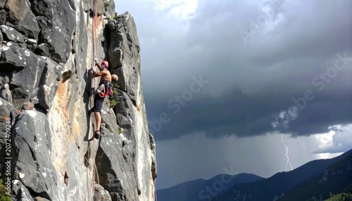 Rock climber scaling steep cliff under stormy lightning sky.
