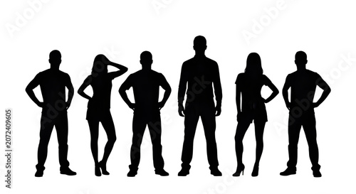 Canvas Print Silhouettes of six people standing in various poses isolated on transparent back