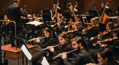 Orchestra musicians performing on stage