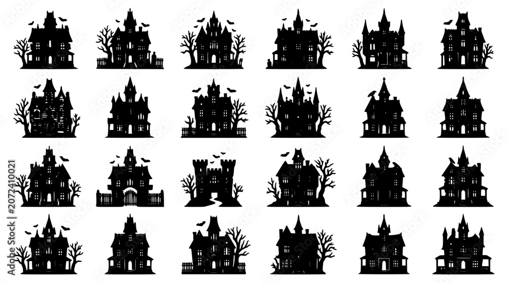 Fototapeta premium Haunted Houses with Bats and Trees in a Spooky Halloween Scene Featuring Silhouette, Black, White with Vector and Illustration