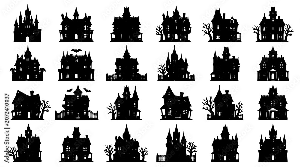 Obraz premium Haunted Houses with Silhouettes of Trees and Bats in a Spooky Halloween Scene Featuring Gothic, Architecture, Dark with Eerie