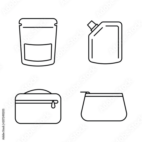 Set of modern line icons featuring packaging pouches, spout container, and cosmetic zippered bags.