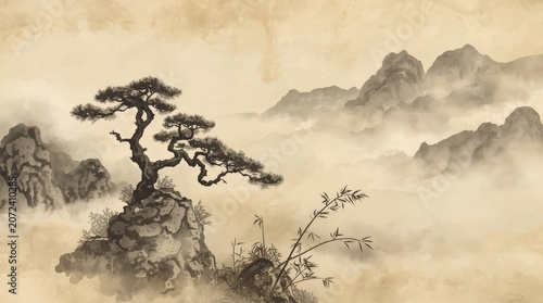 Traditional Japanese Ink Landscape With Bonsai Pine on Rocky Cliff and Misty Mountain Background