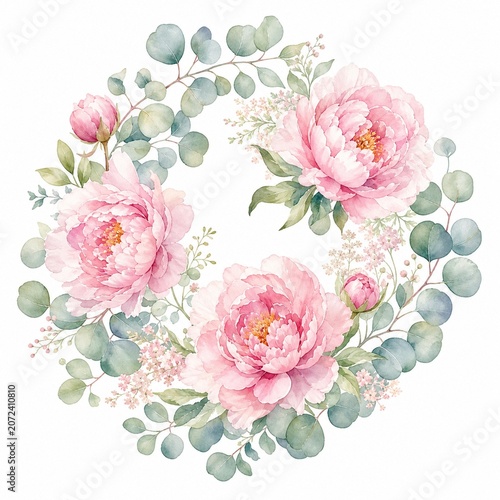 Watercolor floral arrangement of pink peonies and eucalyptus leaves, evoking a delicate and natural charm.