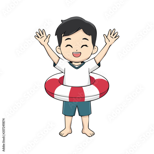 Cartoon boy holding a red and white life buoy
