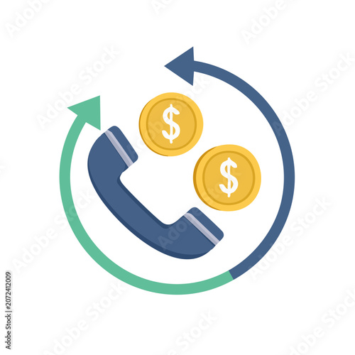 Telephone with coins and circular arrow icon
