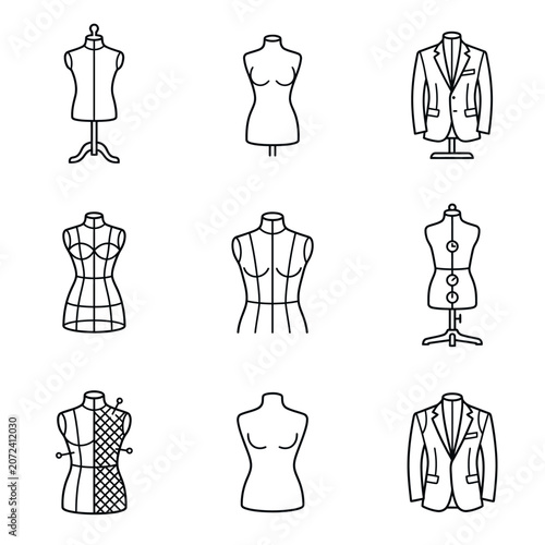Tailoring Mannequin and Fashion Clothing Design Icons Set for Apparel and Sewing Studio Projects