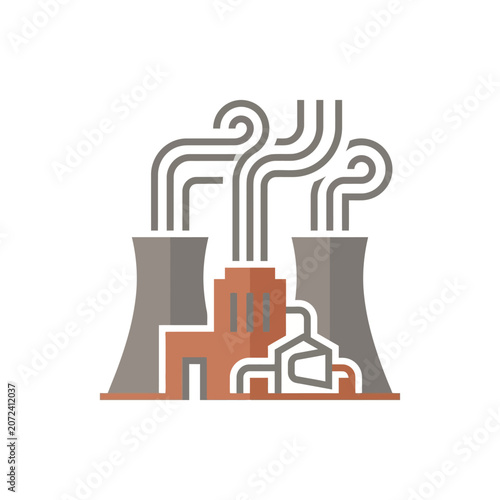 Minimalist Flat Vector Illustration of Industrial Power Plant Facility with Smoky Chimneys