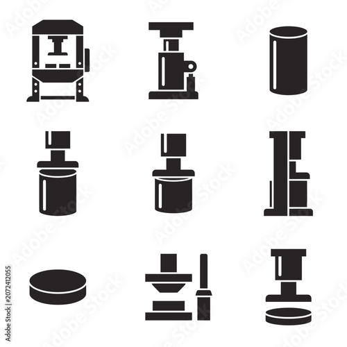 Vector Icon Set of Industrial Hydraulic Press Machines and Metal Compacting Equipment Tools