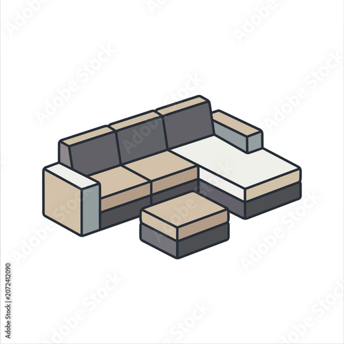 Isometric minimalist vector illustration of a modern modular sectional sofa with ottoman furniture