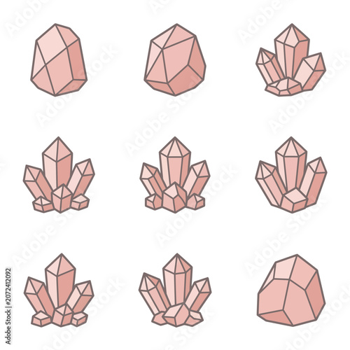 Set of Minimalist Geometric Rose Gold Crystal Gemstone Icons for Jewelry and Mineral Collections
