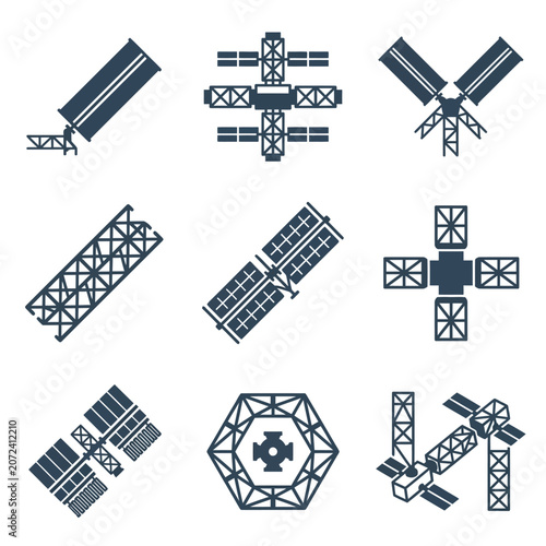 Minimalist vector illustration set of space satellites and orbital station modules clean geometric shapes