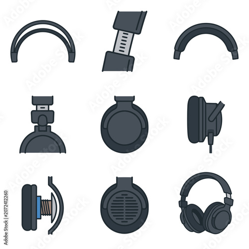 Set of Minimalist Vector Icons Depicting Various Components and Assembly of Professional Headphones