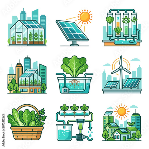 Sustainable Urban Agriculture and Renewable Energy Technology Icons Set for Green Living