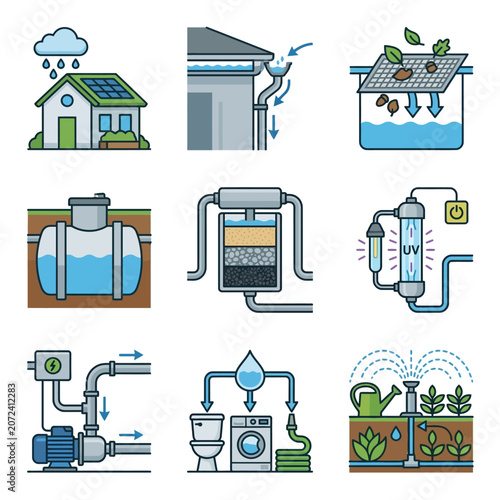 Rainwater Harvesting and Sustainable Water Management System Vector Icon Set