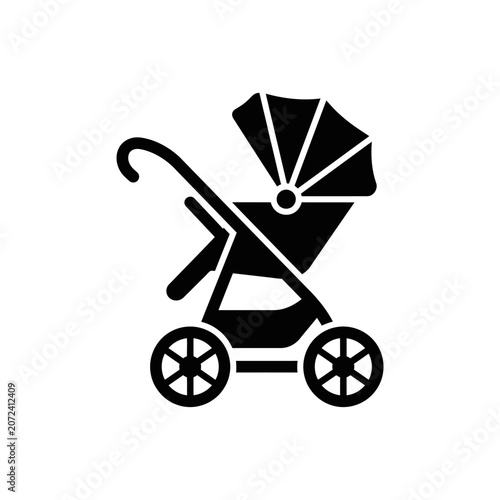 Minimalist Black Silhouette Vector Icon of a Modern Baby Stroller for Childcare and Parenting