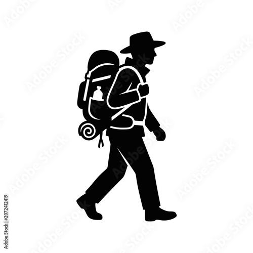 Black Silhouette Icon of a Hiker Carrying a Large Backpack While Trekking Through Wilderness