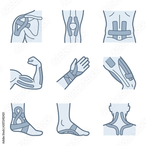 Minimalist vector illustration set of kinesiology taping for body joints