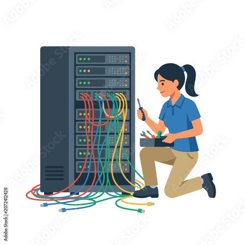 Female network engineer performing server rack maintenance with colorful cables, troubleshooting IT infrastructure, a clean vector illustration