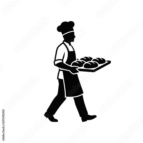 Simple vector black silhouette of a professional chef carrying a tray of bread isolated on white