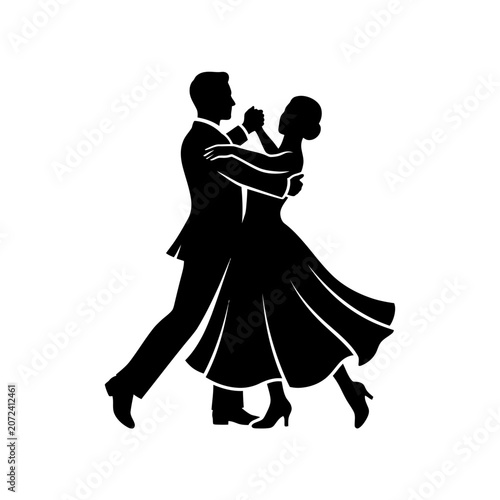 Elegant couple dancing ballroom waltz silhouette isolated on white background