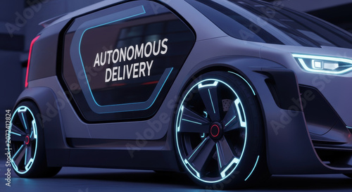 Autonomous delivery vehicle represents evolution of e commerce logistics with futuristic design and glowing blue lights enhancing night visibility