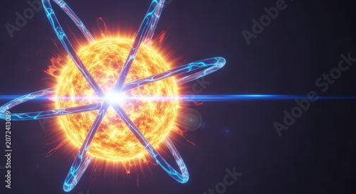 Fusion power progress concept with glowing atom and bright energy source in space background