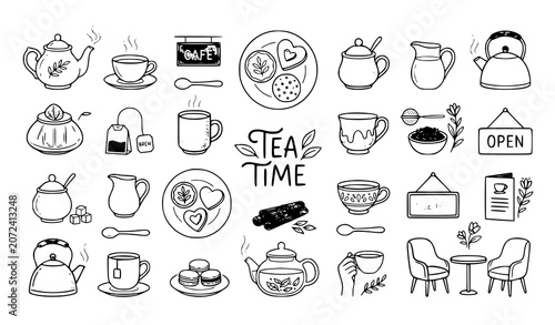 Tableau sur toile Tea time icon collection vector cup kettle beverage design